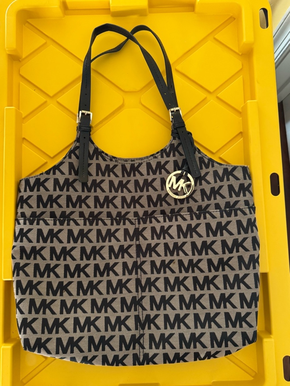 Michael Kors Black and Tan MK Logo Shoulder Tote